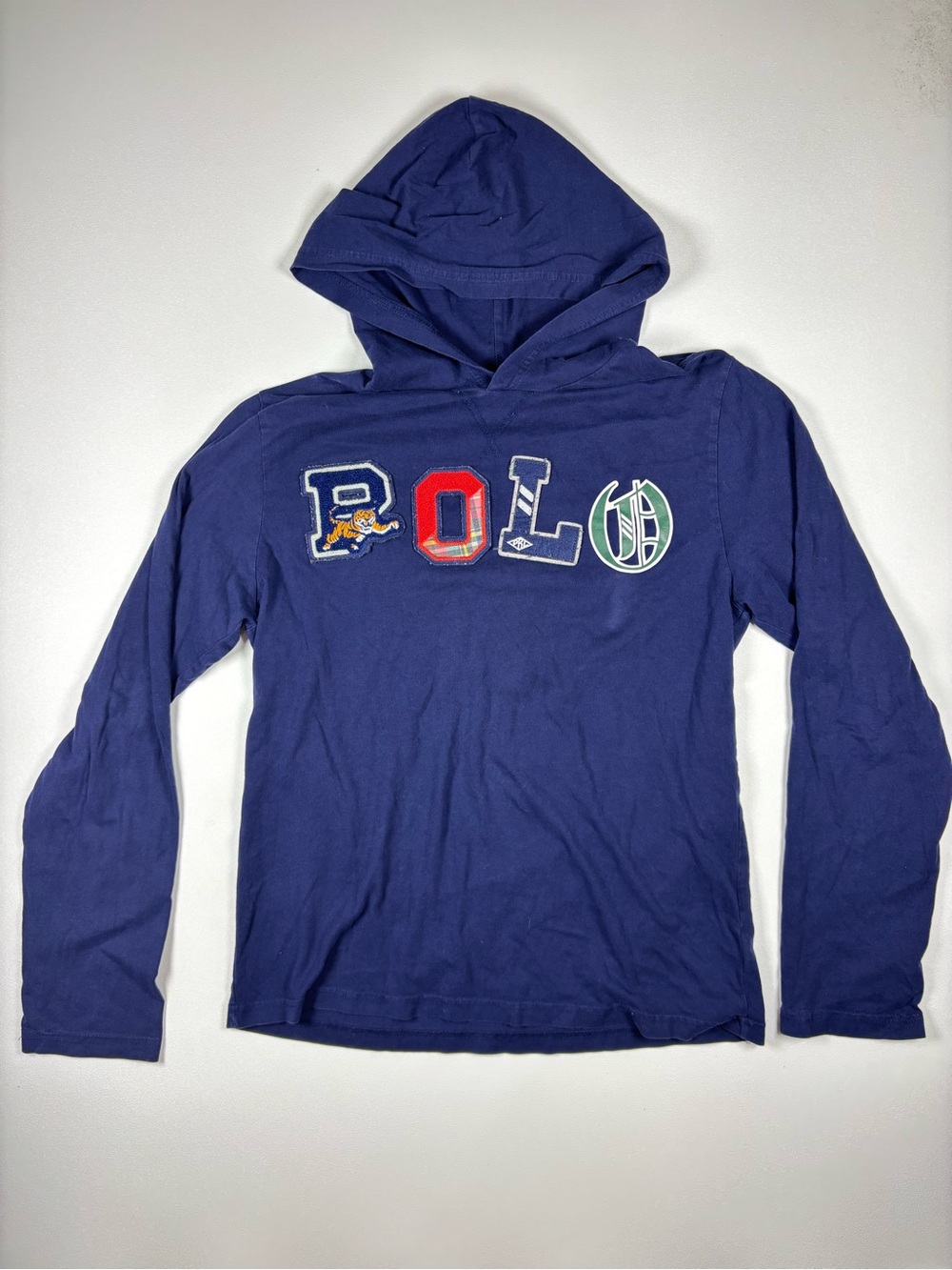 Polo by Ralph Lauren Navy Hooded Long Sleeve Tee with Multicolor Patch Letters